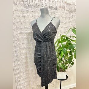 Papaya y2k black glitter cocktail deep-v neck dress asymmetrical goth goddess S